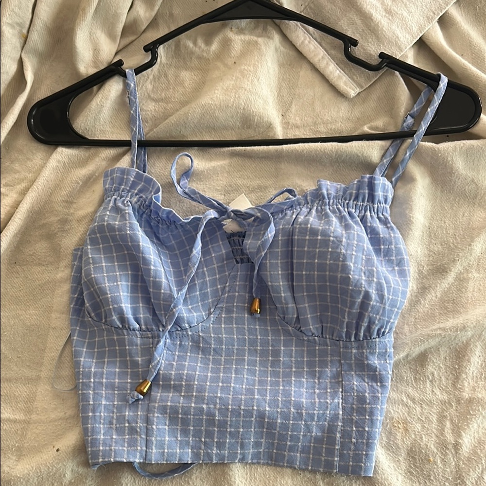 Blue and White Smocked Tie Front Crop Top